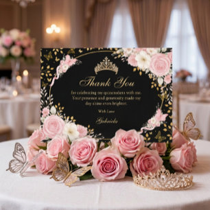 Cartão De Agradecimento Rubor Rosa Preto e Dourado Borboleta Quinceañera
