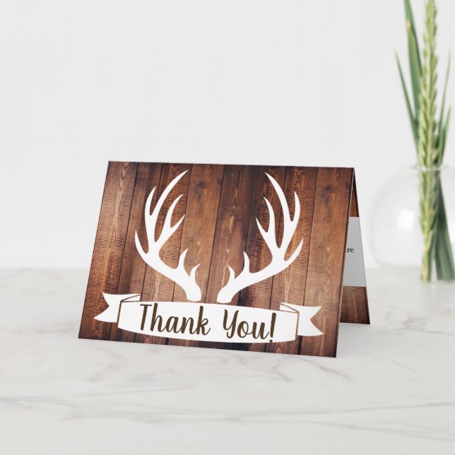 Cartão De Agradecimento Russo Barn Wood & White Deer Antlers Obrigado (Frente)