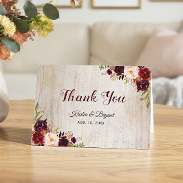 Cartão De Agradecimento Russo Woodgrain Olha Burgundy Floral Obrigado