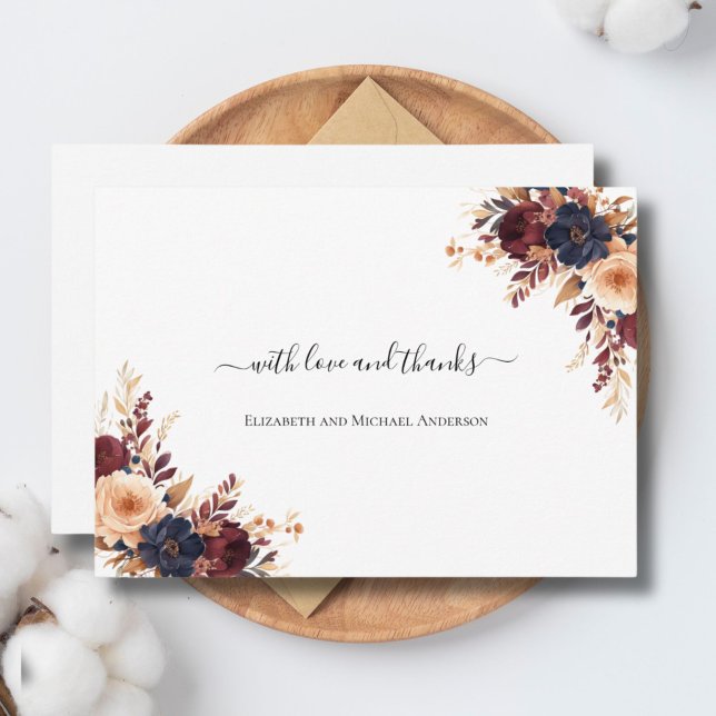 Cartão De Agradecimento Rust Terracotta Marinho Cream Floral Weding (Rust Terracotta Navy Blue Cream Watercolor Floral Wedding Thank you card)