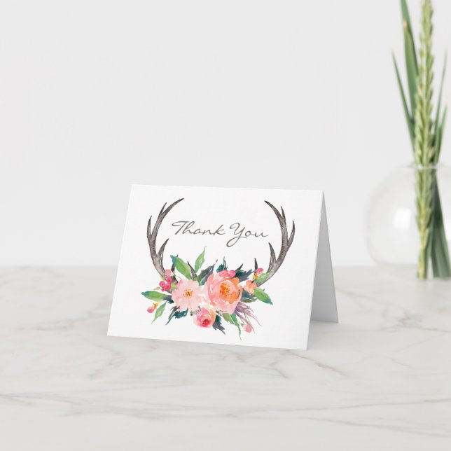 Cartão De Agradecimento Rustic Antlers Boho Floral Obrigado (Frente)