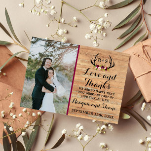 Cartão De Agradecimento Rustic Antlers Floral Burgundy Wood Obrigado