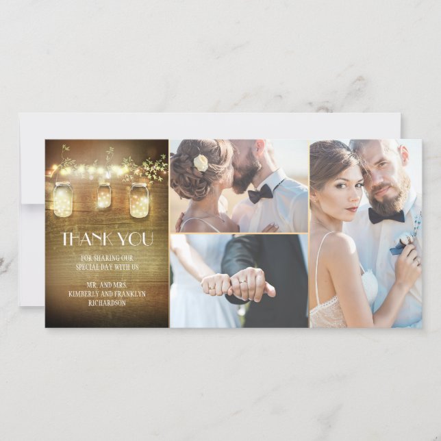 Cartão De Agradecimento Rustic Barn Lights Mason Jar Weding Obrigado (Frente)