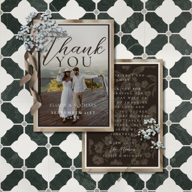 Cartão De Agradecimento Rustic Brown Botanical Pattern Photo Wedding (Thank your guests for celebrating your big day with this Rustic Brown Photo Thank You Card!)