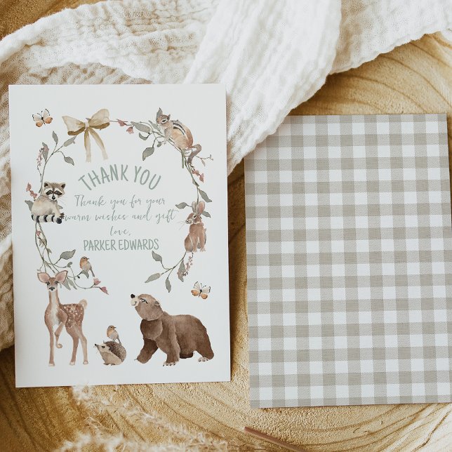 Cartão De Agradecimento Rustic Brown Woodland Baby Shower  (Gender Neutral Woodland Baby Shower Thank You Card Template, Rustic Woodland Animals Thank You Card)