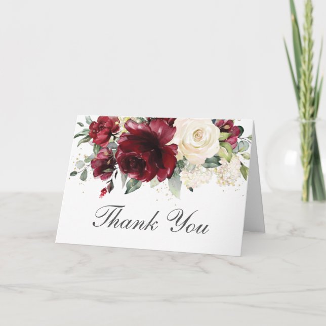 Cartão De Agradecimento Rustic Burgundy Ivory Floral Wedding Aniversário T (Frente)