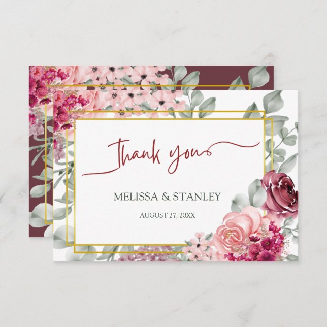 Cartão De Agradecimento Rustic Burgundy Marsala e Casamento Floral Rosa (Frente/Verso)