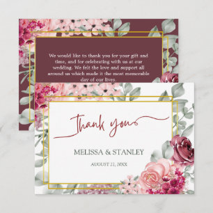 Cartão De Agradecimento Rustic Burgundy Marsala e Casamento Floral Rosa