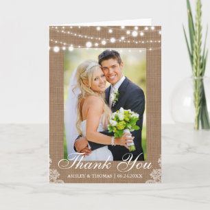 Cartão De Agradecimento Rustic Burlap Lights Lace Wedding Thank You Fold