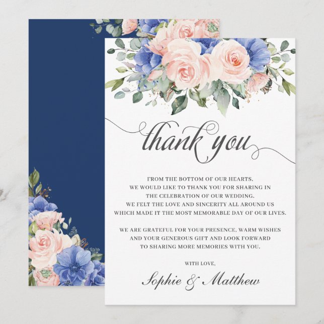 Cartão De Agradecimento Rustic Chic Blush Blue Floral Rosas Casamento Brid (Frente/Verso)