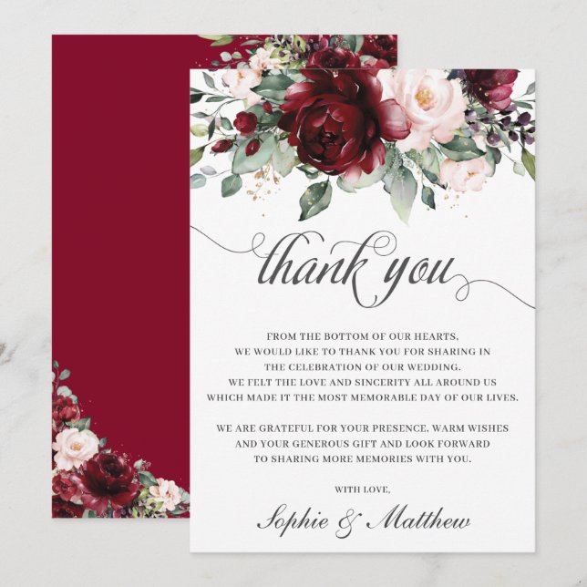 Cartão De Agradecimento Rustic Chic Burgundy Blush Floral Casamento Bridal (Frente/Verso)