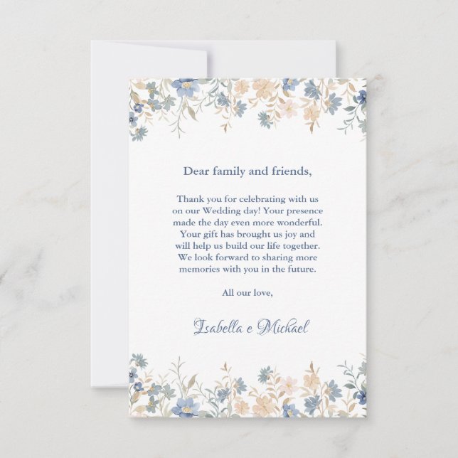 Cartão De Agradecimento Rustic Floral Boho Blue e Beige Wedding (Frente)