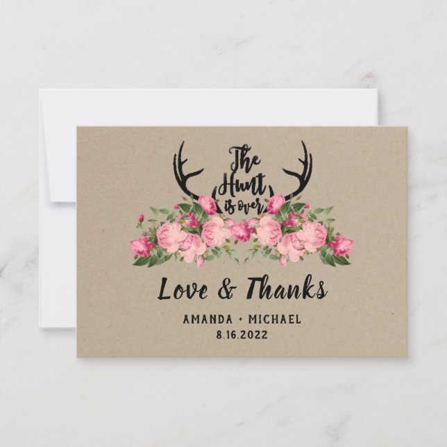 Cartão De Agradecimento Rustic Floral Kraft Hunt Terminou O Casamento Obri (Frente)