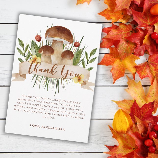 Cartão De Agradecimento Rustic Flowers Mushrooms Autumn Baby Shower  (Criador carregado)