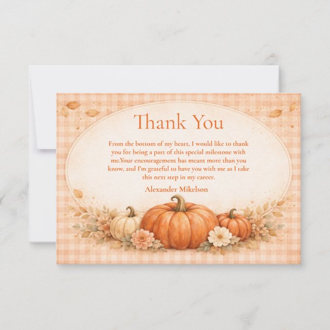 Cartão De Agradecimento Rustic Gingham Pumpkin Fall Graduation (Frente)
