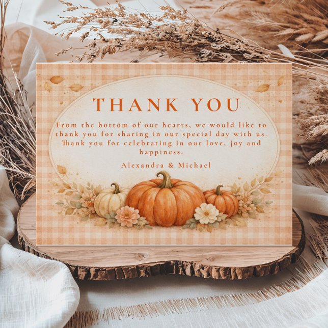 Cartão De Agradecimento Rustic Gingham Pumpkin Fall Wedding (Criador carregado)