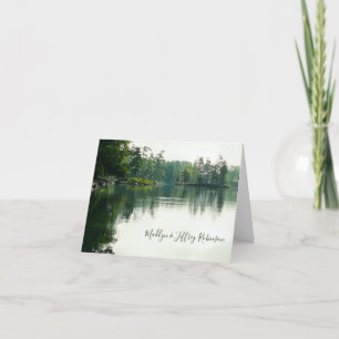 Cartão De Agradecimento Rustic lakeside evergreens reflection wedding