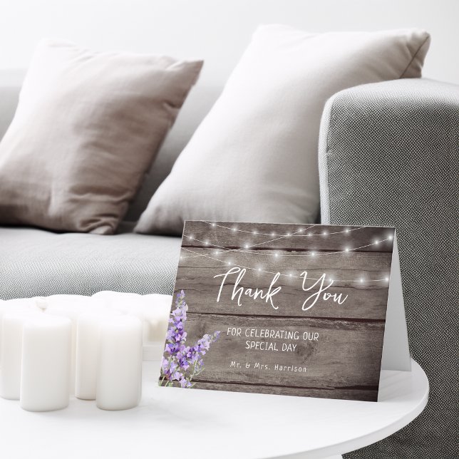 Cartão De Agradecimento Rustic Lavender Wood Texture Light Wedding Photo (Rustic Lavender Wood Texture Light Wedding Photo Thank You Card)