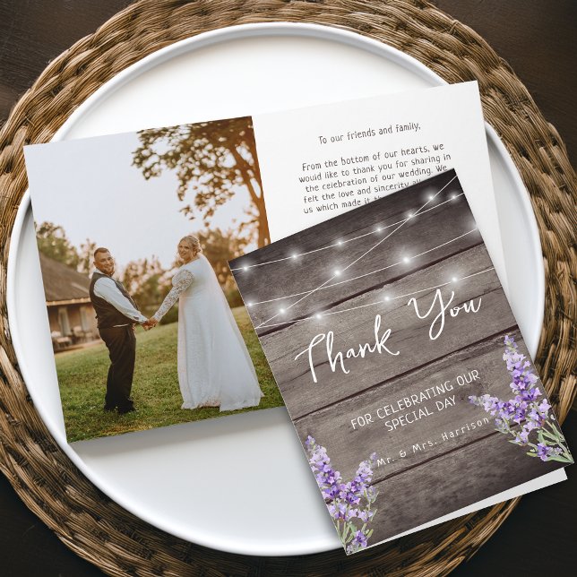 Cartão De Agradecimento Rustic Lavender Wood Texture Light Wedding Photo (Rustic Lavender Wood Texture Light Wedding Photo Thank You Card)