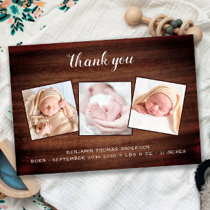 Cartão De Agradecimento Rustic New Baby 3 Photo County Wood Chá de fraldas