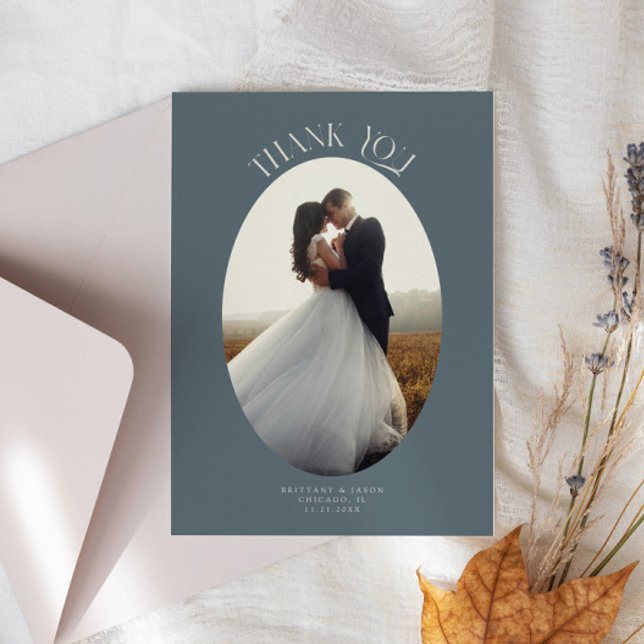 Cartão De Agradecimento Rustic Obrigado Oval Frame Slate Foto De Casamento (Criador carregado)