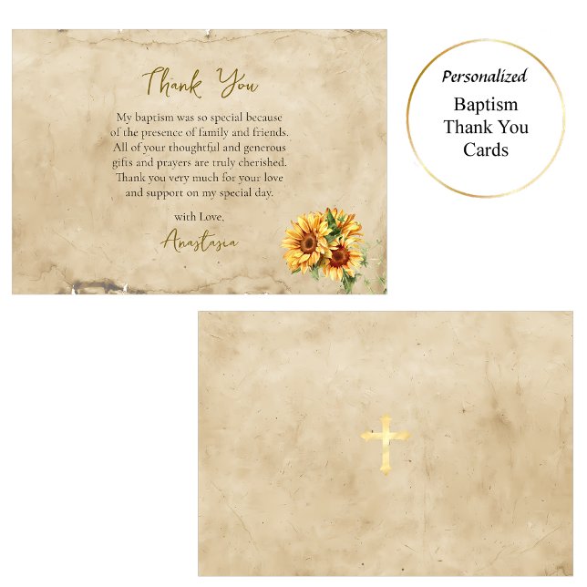 Cartão De Agradecimento Rustic Parchment Sunflowers Orthodox Baptism       (Criador carregado)