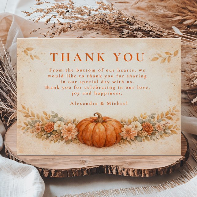Cartão De Agradecimento Rustic Pumpkin Floral Fall Wedding (Criador carregado)