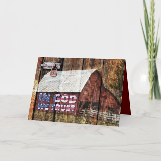 Cartão De Agradecimento Rustic Red Barn Com Trava Em Deus Confiamos (Frente)