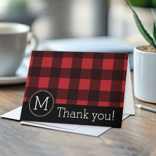 Cartão De Agradecimento Rustic Red Black Buffalo Plaid Pattern Monogram