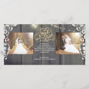 Cartão De Agradecimento Rustic String Lights Wood Lace Casamento Obrigado