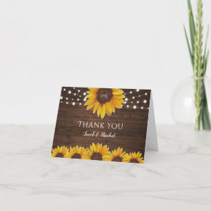 Cartão De Agradecimento Rustic Sunflower String Luz Monograma Casamento