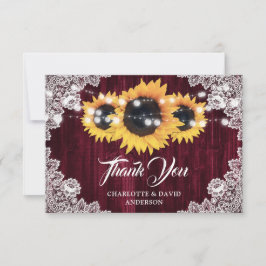 Cartão De Agradecimento Rustic Sunflower Wood Floral Lace Burgundy Wedding