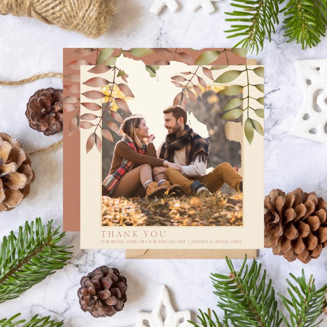 Cartão De Agradecimento Rustic Terracotta Fall Autumn Deixa Foto Casamento (Criador carregado)