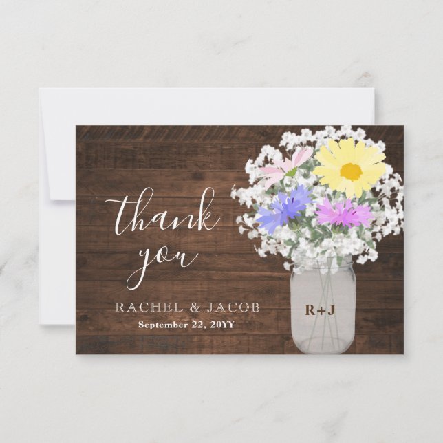 Cartão De Agradecimento Rustic Wildflower Baby's Breath Mason Jar Wedding (Frente)