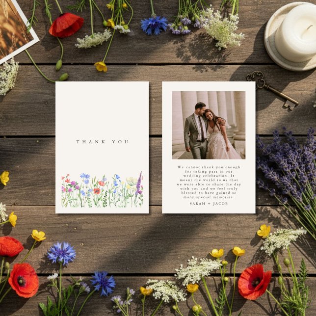 Cartão De Agradecimento Rustic Wildflower Meadow Wedding Photo (Rustic Wildflower Meadow Wedding Photo Thank You Card)