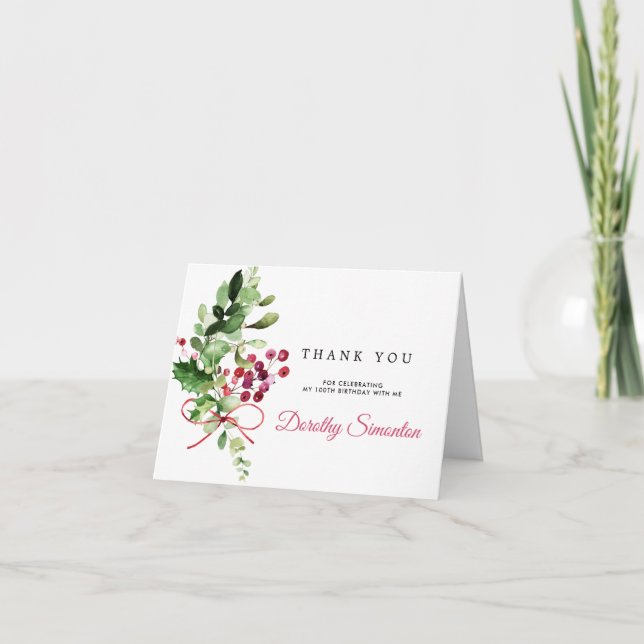 Cartão De Agradecimento Rustic Winter Botanical 100th Birthday Photo (Frente)