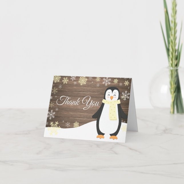 Cartão De Agradecimento Rustic Winter Penguin Snowflake Yellow (Frente)