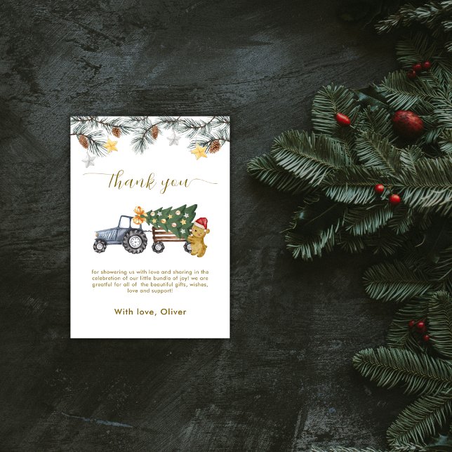 Cartão De Agradecimento Rustic Winter X'mas Tree Tractor Bear Baby Shower  (Rustic Winter X'mas Tree Tractor Bear Baby Shower Thank You Card)