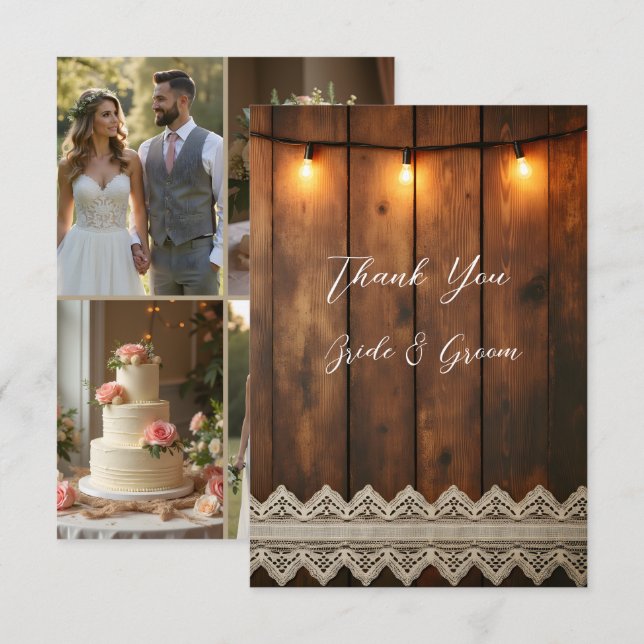 Cartão De Agradecimento Rustic Wood and Lace Photo Thank you Card (Frente/Verso)