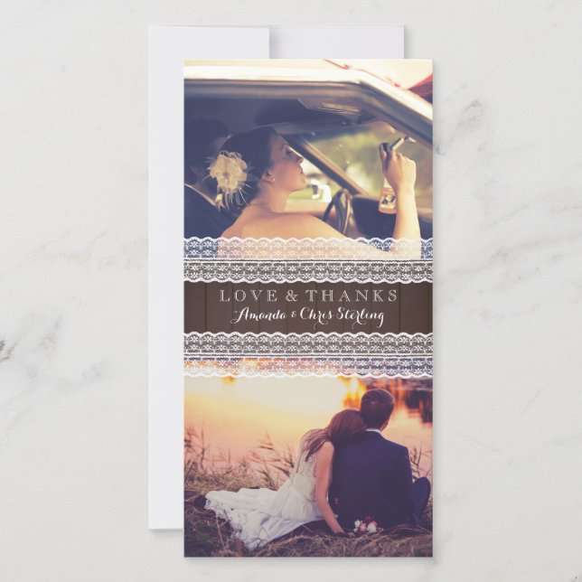 Cartão De Agradecimento Rustic Wood & Lace Wedte Foto Obrigado (Frente)