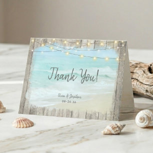 Cartão De Agradecimento Rustic Wood String Lights Beach Weding