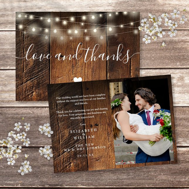 Cartão De Agradecimento Rustic Wood String Lights Wedding Photo (Rustic Wood String Lights Wedding Photo Thank You Card)