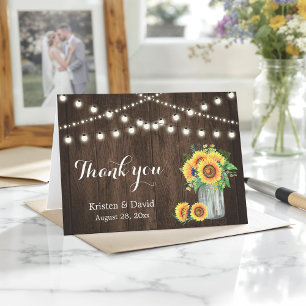 Cartão De Agradecimento Rustic Wood Sunflowers Mason Jar Lights Thank You