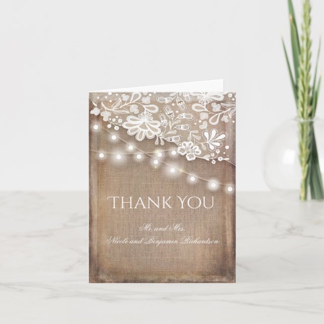 Cartão De Agradecimento Rústico Burlap Lace e String Lights Obrigado (Frente)