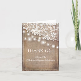 Cartão De Agradecimento Rústico Burlap Lace e String Lights Obrigado