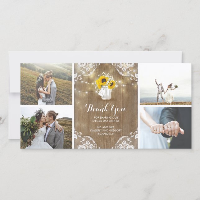 Cartão De Agradecimento Rústico Mason Jar Baby's Breath e Sunflower Lace (Frente)