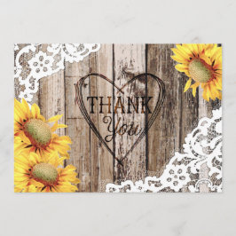 Cartão De Agradecimento Rústico Sunflower Wood Lace e Heart Obrigado