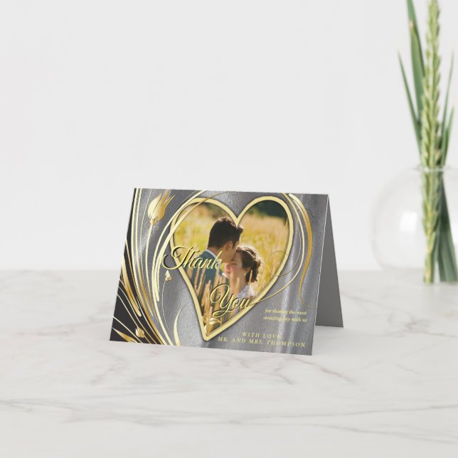 Cartão De Agradecimento Saco prateado e esplendor de flores Douradas (Frente)