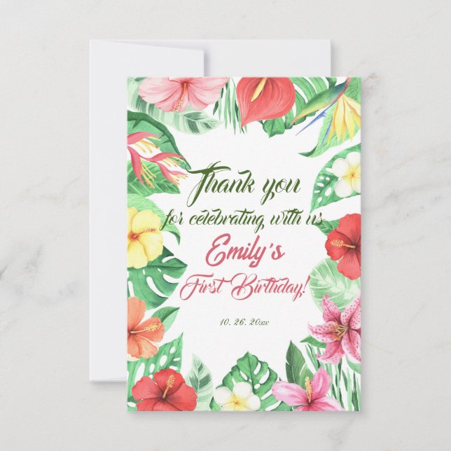 Cartão De Agradecimento Safári de Jungle Tropical - Primeiro Aniversário (Frente)