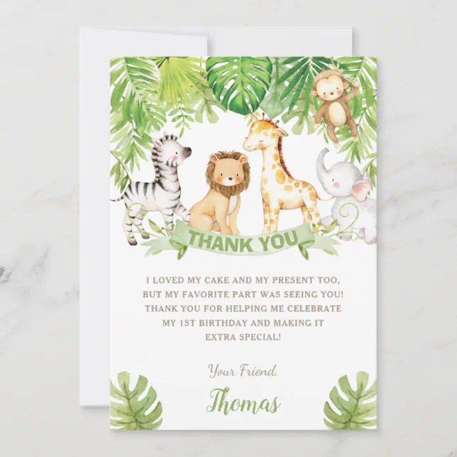 Cartão De Agradecimento Festa de primeiro aniversario Safari dos Animais S